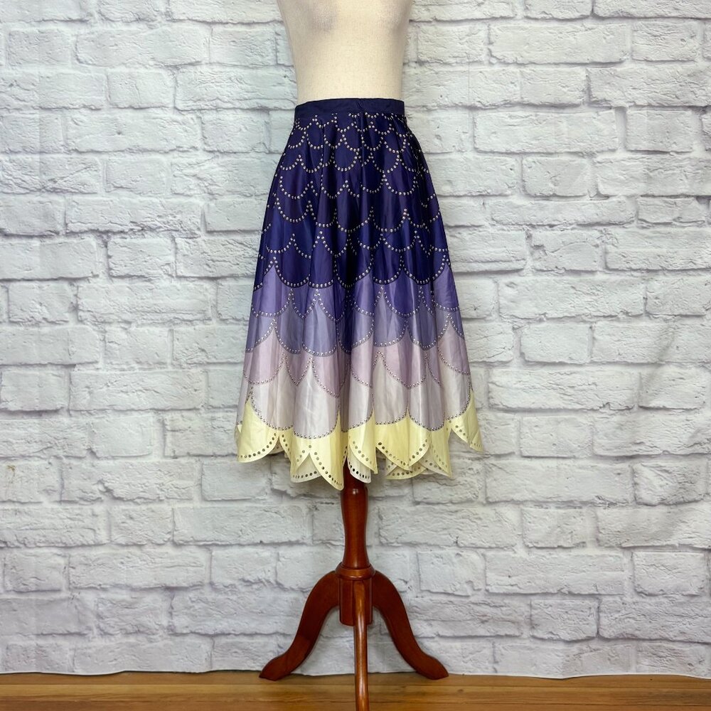 Persun Purple Pastel Pearl Print Laser Cut Midi Skirt